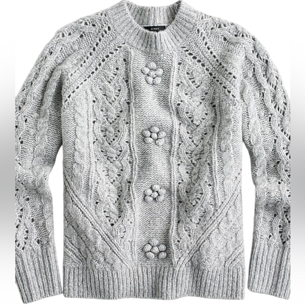 J. Crew Cable Knit Pointelle Gray Pullover Wool Blend Sweater Large
